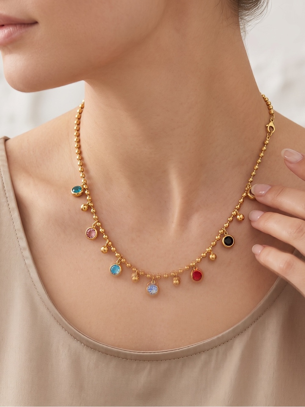 Women's Gem Necklace In Titanium Steel With 18K Real GoldElectroplated Finish